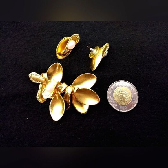 Vintage Gold Tone Spoon  Brooch and Earring Set Jewelry Utensils w/ Pearls - Picture 11 of 13